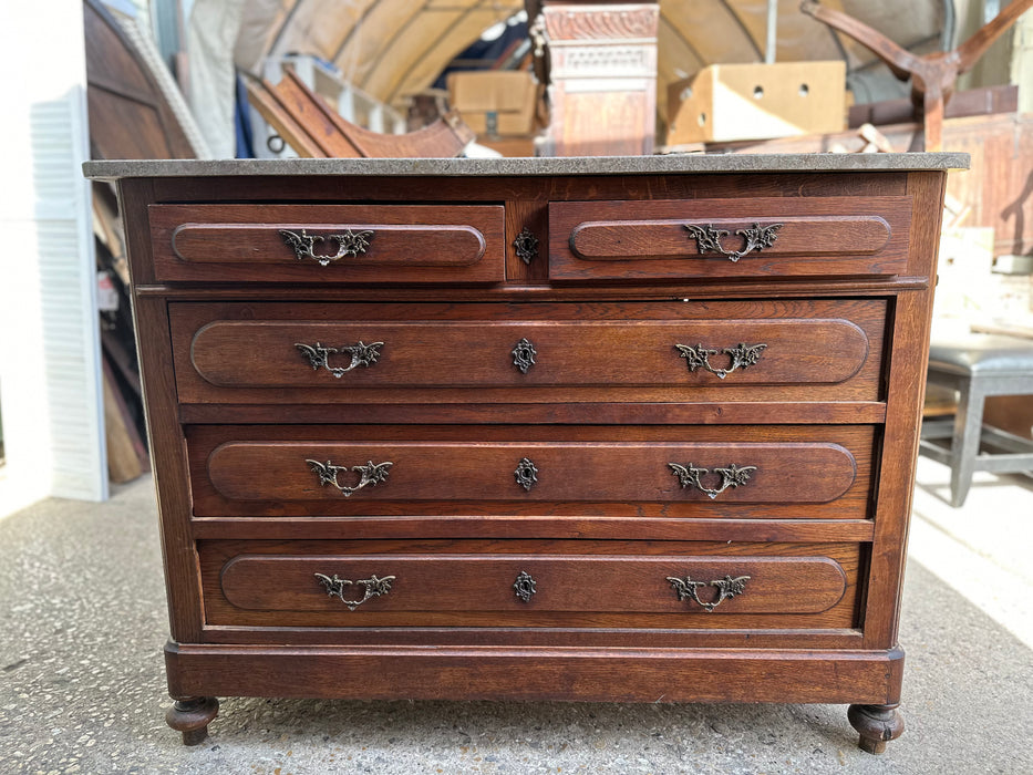 FRENCH MABLE TOP OAK COMMODE