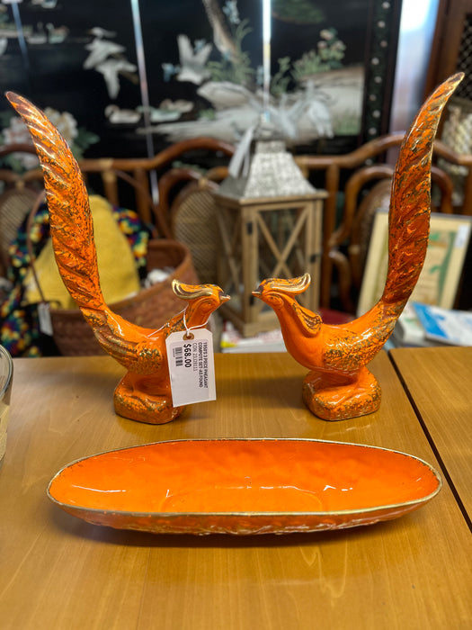 1950'S 3 PIECE PHEASANT COMPOTE SET-AS FOUND
