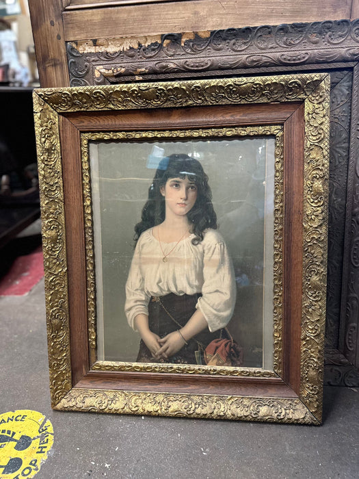 GESSO OAK 19TH CENTURY FRAME WITH LITHO OF LADY