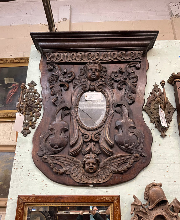 LARGE VERY ORNATE CARVED FRENCH OAK MIRROR WITH CHERUBUM, VIOLINS AND FESTOONS