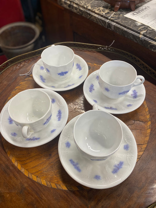 SET OF FOUR ADDERLEY LAVENDER BLUE AND WHITE CHELSEA TEACUPS AND SAUCER