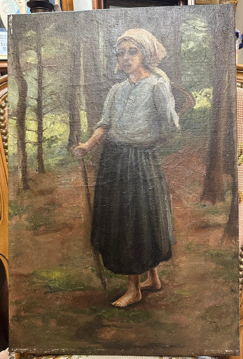 UNFRAMED OIL PAINTING OF WOMAN BAREFOOT IN FOREST