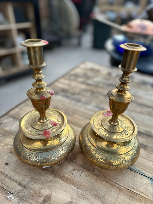 PAIR OF BRASS CANDLE STAND BELL COMBINATIONS
