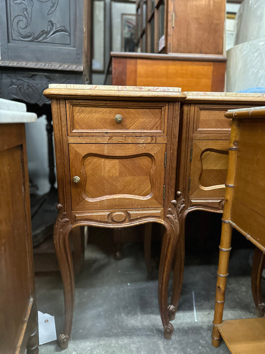 PAIR OF LOUIS XV STYLE MARBLE TOP OAK SIDE CABINETS