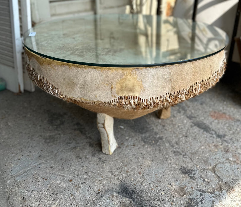 AFRICAN DRUM GLASS TOP COFFEE TABLE