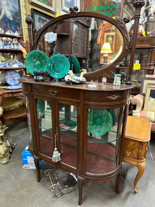 CURVED GLASS CURIO CABINET WITH MIRROR