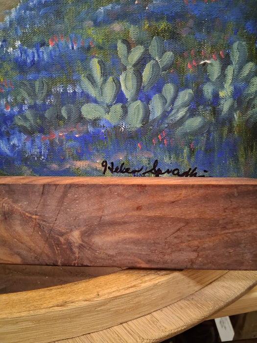 MEDIUM WOOD FRAMED BLUE BONNET OIL PAINTING WITH MAIL BOX AND HOUSE - SIGNED HELEN S.
