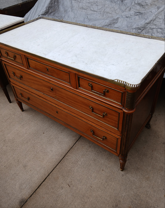 LOUIS XVI MAHOGANY 3 DRAWER CHETS WITH MARBLE TOP AND BRASS GALLERY RAIL AS FOUND