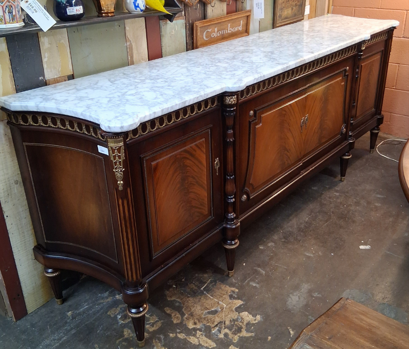 LOUIS XVI MAHOGANY WHITE MARBLE TOP 4 DOOR SIDEBOARD WITH BRASS ORMOLU