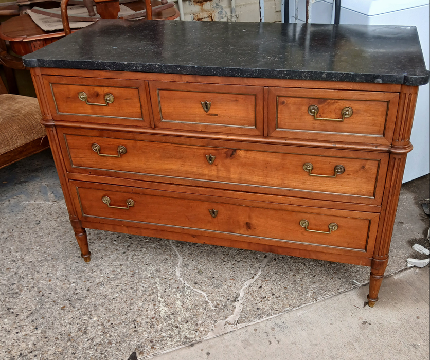 LOUIS XVI CHERRY MARBLE TOP 3 DRAWER CHEST WITH BALE PULLS