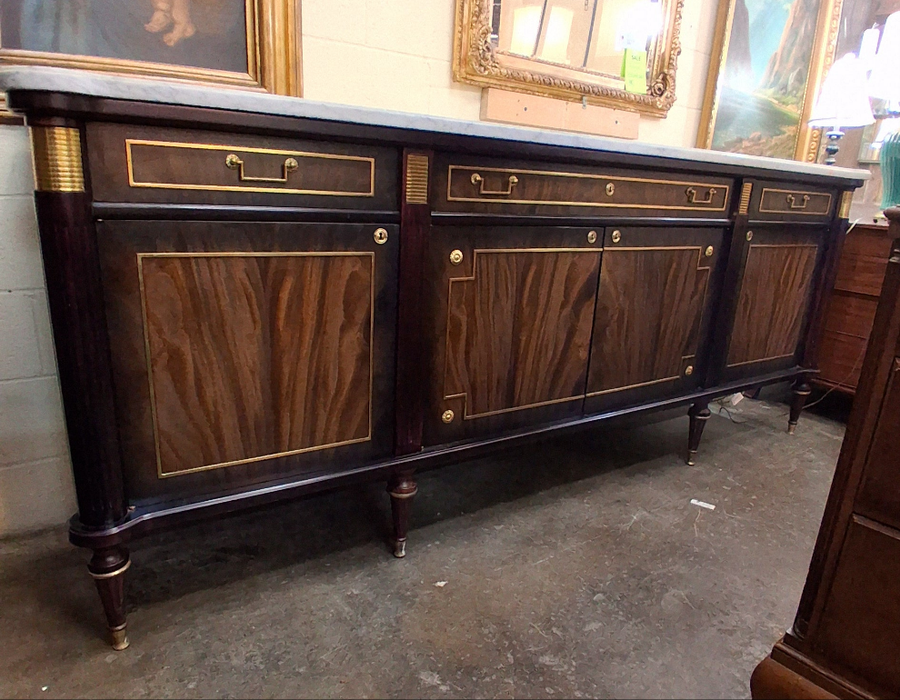 LOUIS XVI DARK MAHOGANY MARBLE TOP SIDEBOARD WITH 4 DRAWERS