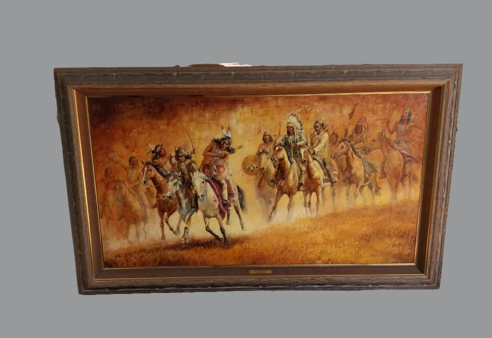 FRAMED OIL PAINTING ON CANVAS TITLED "WHEN CROW MEETS SIOUX" SIGNED PAT MCALLISTER 1986