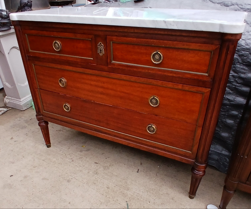 `LOUIS XVI MAHOGANY MARBLE TOP 4 DRAWER CHEST WITH RING PULLS