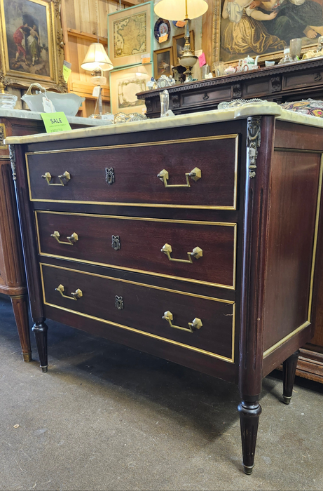 LOUIS XVI MAHOGANY WHITE CARRERA MARBLE TOP SMALL CHEST
