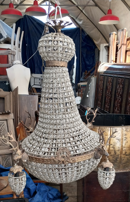 LARGE  CRYSTAL CHANDELIER WITH STAG HEADS
