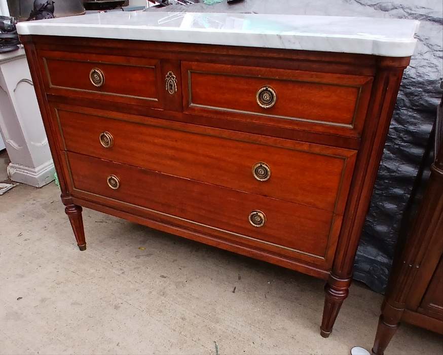 `LOUIS XVI MAHOGANY MARBLE TOP 4 DRAWER CHEST WITH RING PULLS