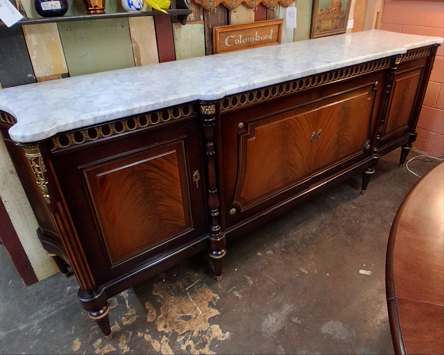 LOUIS XVI MAHOGANY WHITE MARBLE TOP 4 DOOR SIDEBOARD WITH BRASS ORMOLU