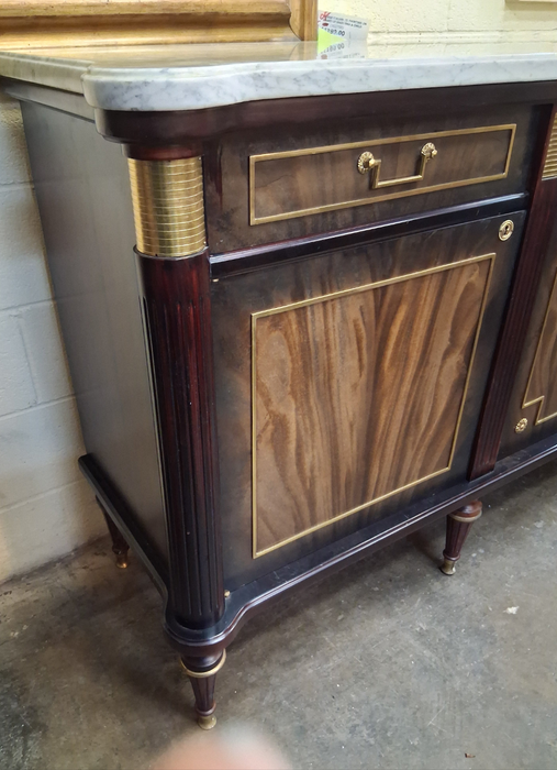LOUIS XVI DARK MAHOGANY MARBLE TOP SIDEBOARD WITH 4 DRAWERS