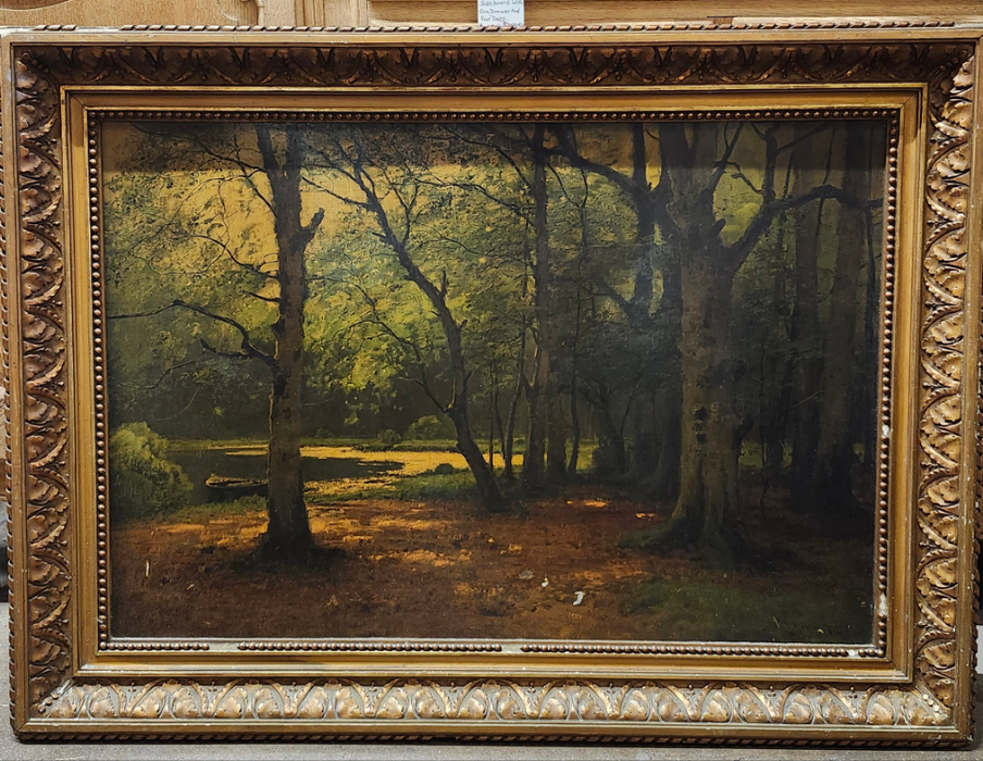 LARGE GILT FRAME SYLVAN OIL PAINTING AS FOUND