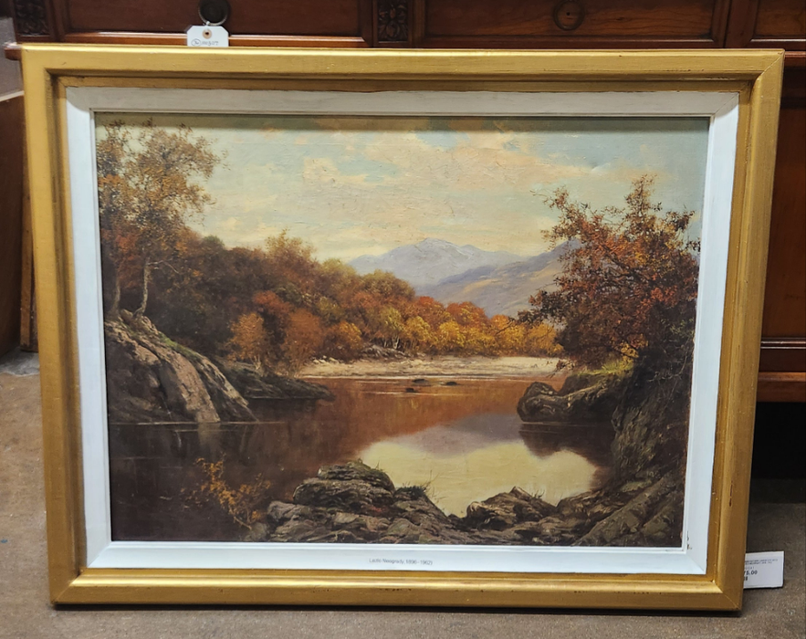 LARGE FRAMED AUTUMN LANDSCAPE WITH LAKE BY LAZLO NEOGRADY 1896-1962