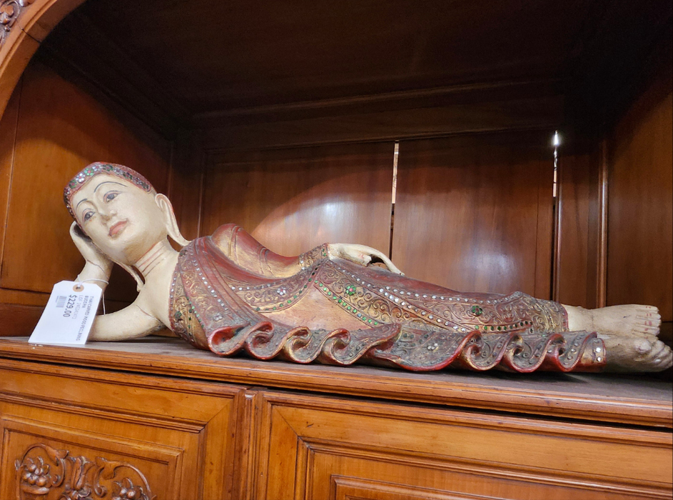 THAI CARVED WOOD RECLINING BUDDHA