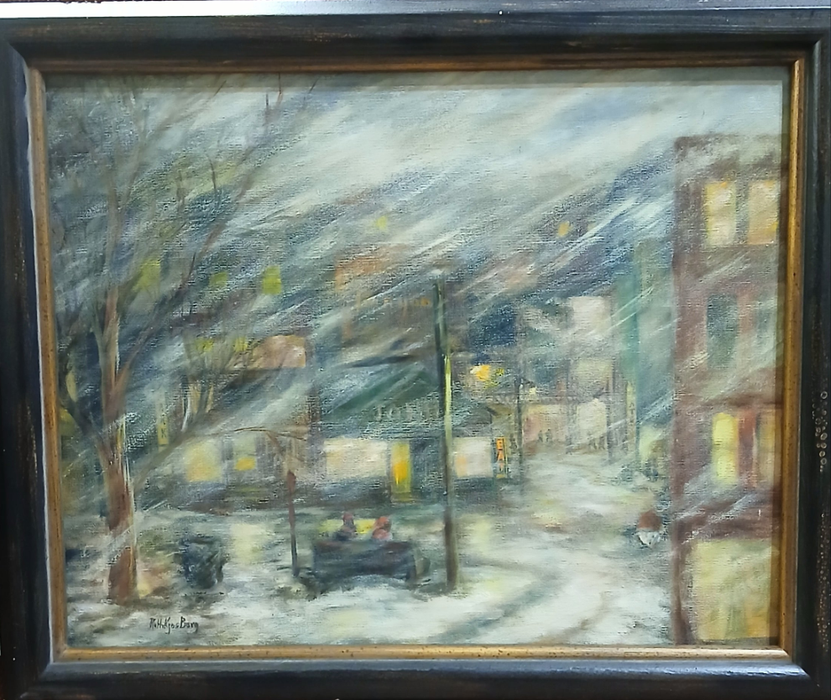 FRAMED IMPRESSIONIST URBAN SNOWSCAPE OIL PAINTING  SIGNED RUTH K BARG