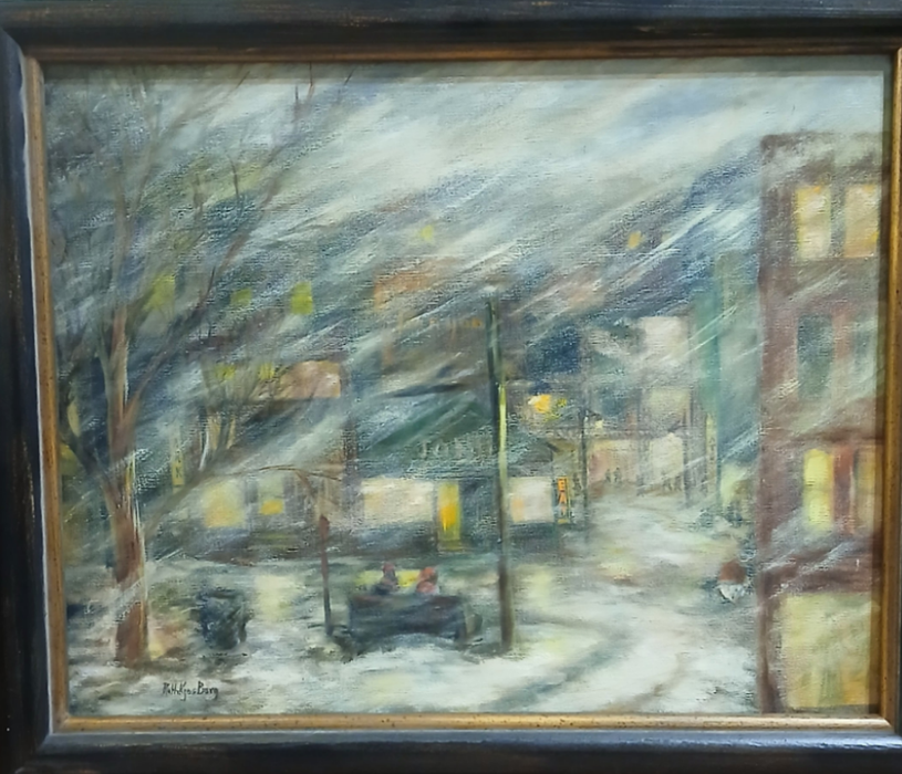 FRAMED IMPRESSIONIST URBAN SNOWSCAPE OIL PAINTING  SIGNED RUTH K BARG