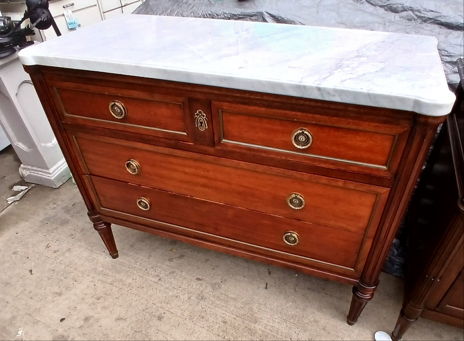 `LOUIS XVI MAHOGANY MARBLE TOP 4 DRAWER CHEST WITH RING PULLS