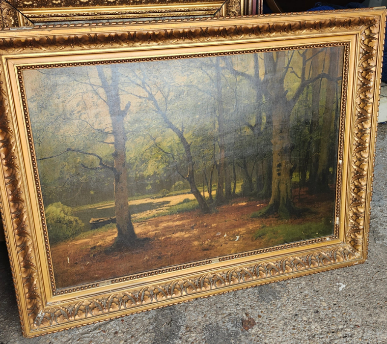 LARGE GILT FRAME SYLVAN OIL PAINTING AS FOUND