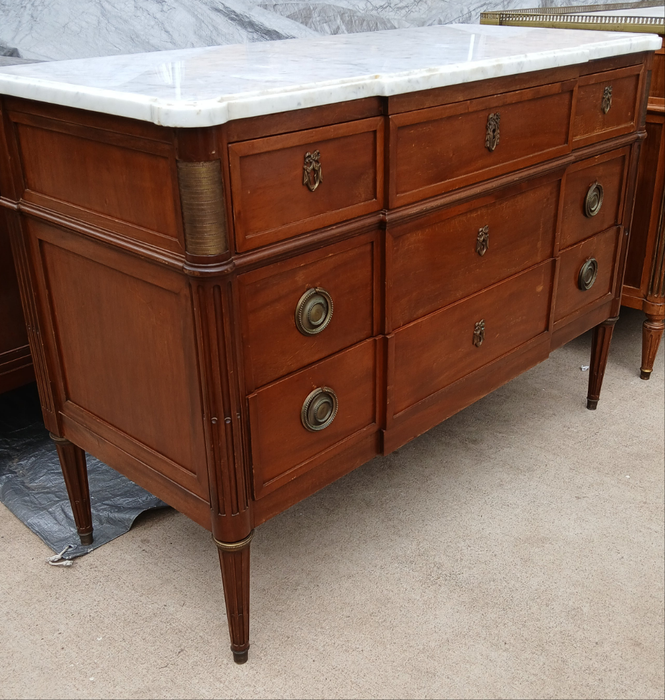 LOUIS XVI MAHOGANY MARBLE TOP 3 DRAWER CHEST WITH OVERHANG