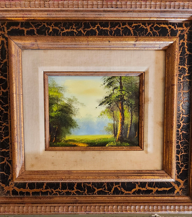 SMALL GOLD FRAMED OIL PAINTING OF TREES FRAME WITH BLACK CRACKLE