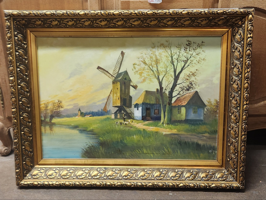 ILARGE GILT FRAMED MPRESSIONIST  WINDMILL OIL PAINTING