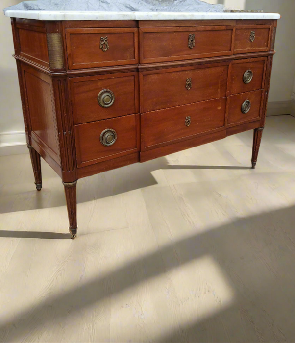 LOUIS XVI MAHOGANY MARBLE TOP 3 DRAWER CHEST WITH OVERHANG