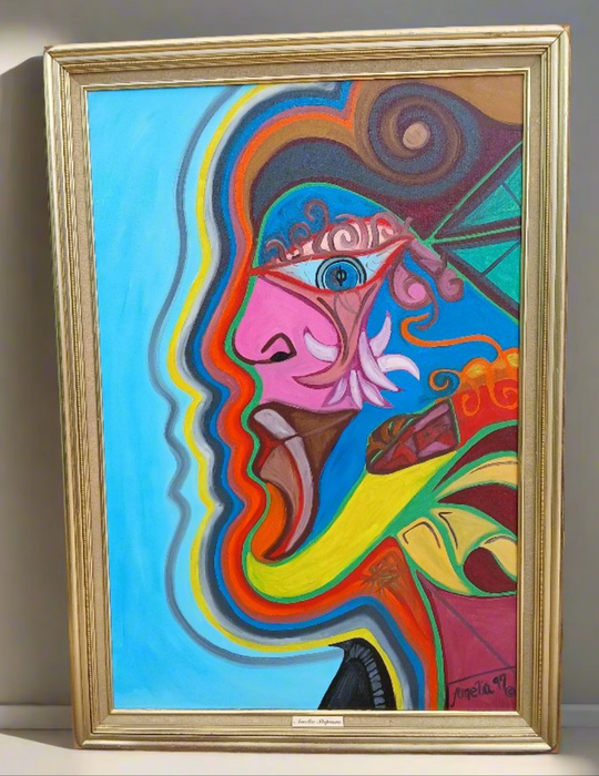 AMELIA SHIMPAN MODERN ART WITH BLUE AND PINK PROFILE