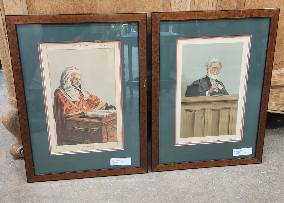 PAIR "SKY" AND VANITY FAIR JUDGE ETCHINGS IN BURLED FRAME