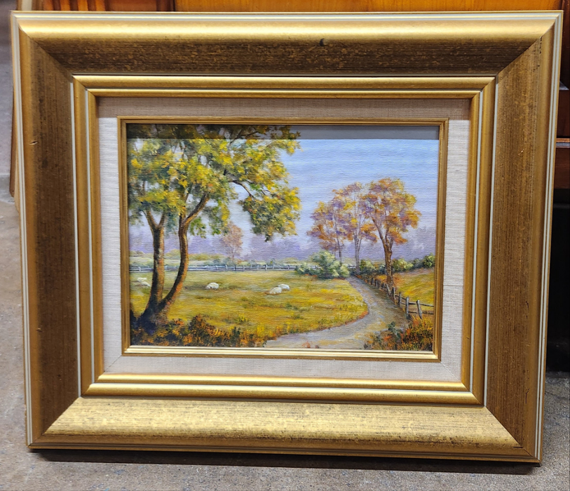 FRAMED SHEEP IN  PASTURE OIL PAINTING