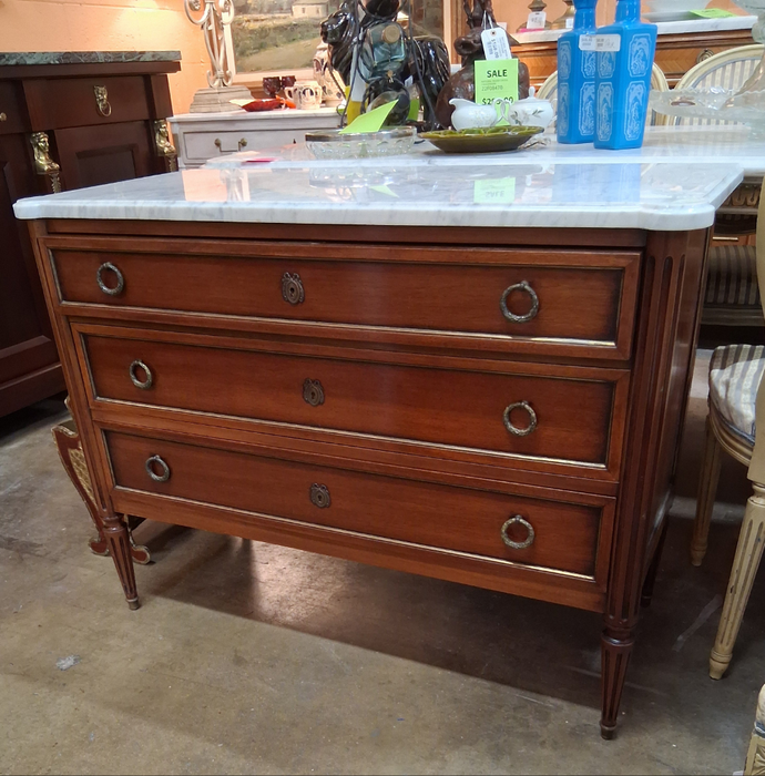 VINTAGE LOUIS XVI MAHOGANY WHITE MARBLE TOP CHEST