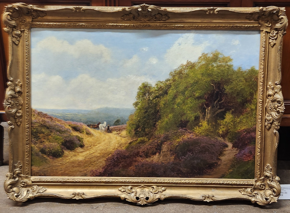 GILT FRAMED LANDSCAPE OIL PAINTING WITH HORSE AND WAGON ON ROAD-SIGNED JOHN CLAYTON ADAMS