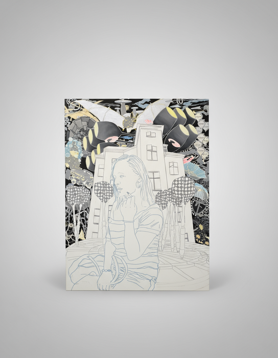 LARGE UNFRAMED PAINTIN OF A GIRL IN BLACK AND WHITE WITH SOME COLOR SIGNED TRINE BOESEA