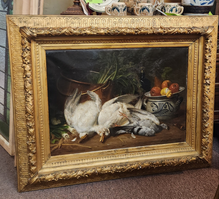 ORNATELY GILT FRAMED STILL LIFE MORT BIRDS OIL PAINTING ON CANVAS