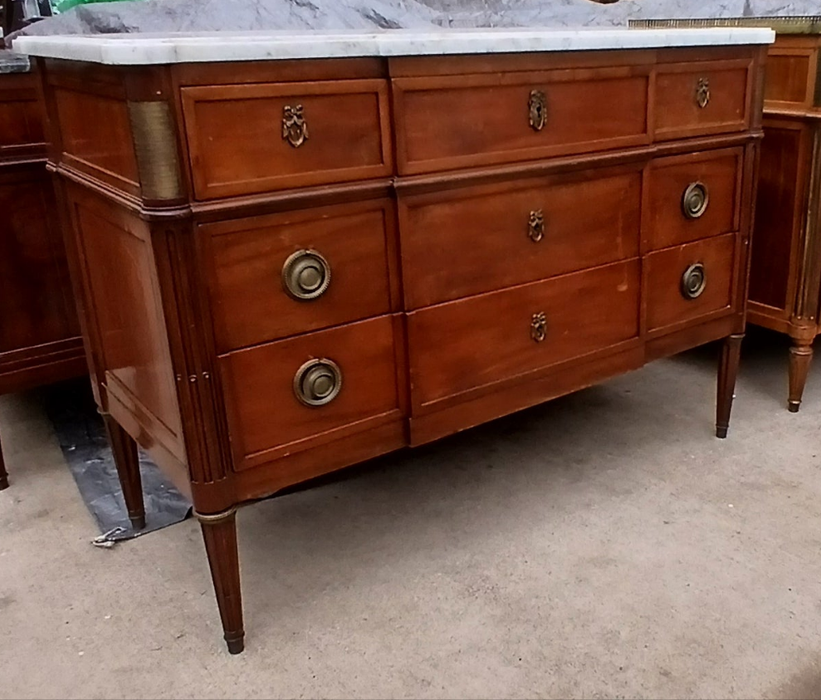 LOUIS XVI MAHOGANY MARBLE TOP 3 DRAWER CHEST WITH OVERHANG