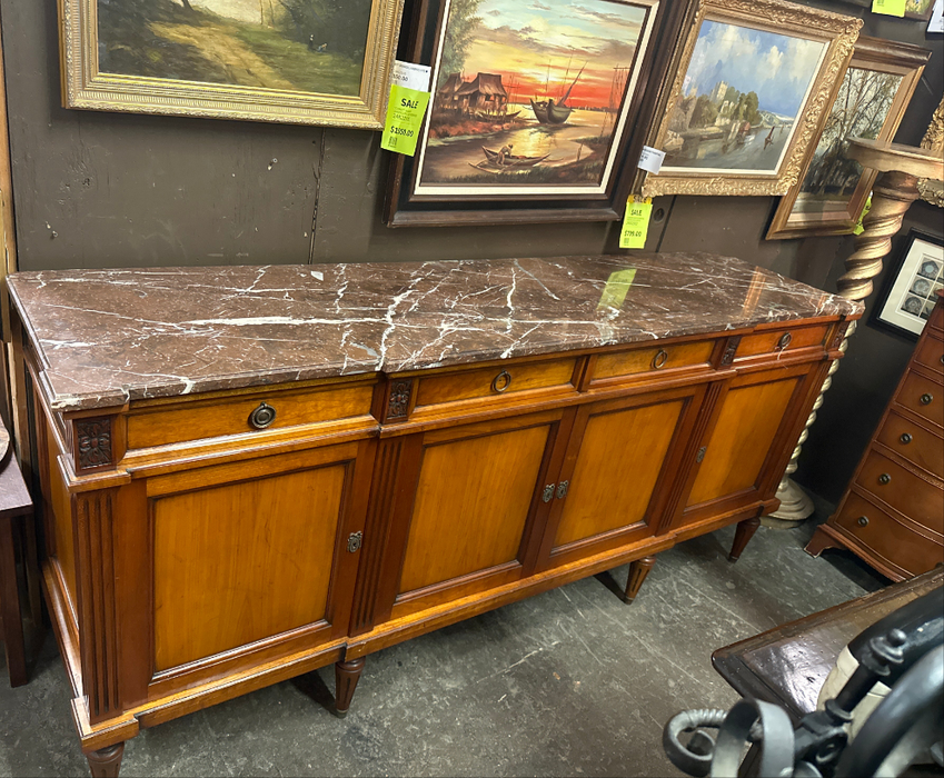 LOUSI XVI CHERRY BROWN MARBLE TOP 4 DOOR SIDEBOARD
