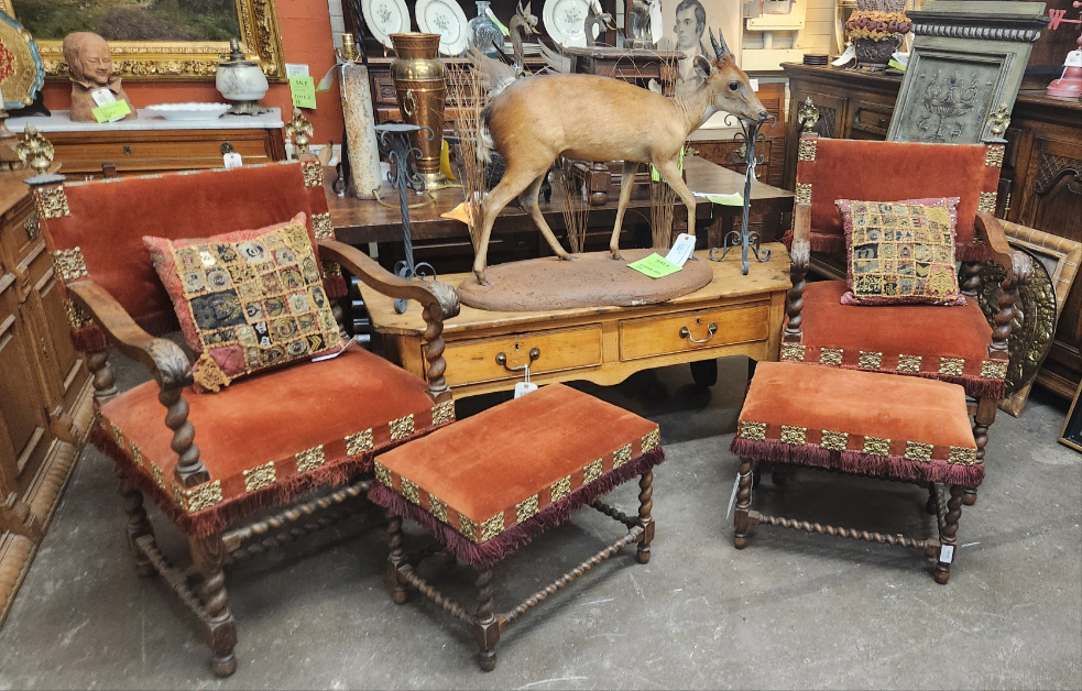 SET OF EAGLE FINIAL BARLEY TWIST ARM CHAIRS WITH OTTMANS