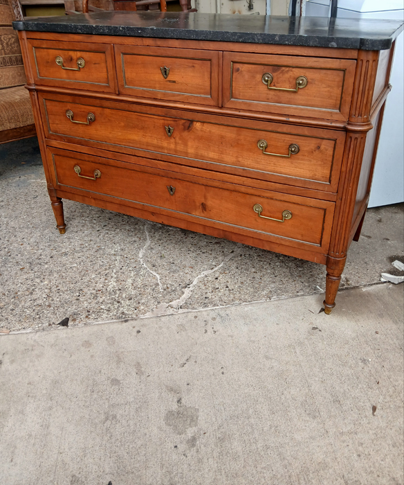 LOUIS XVI CHERRY MARBLE TOP 3 DRAWER CHEST WITH BALE PULLS