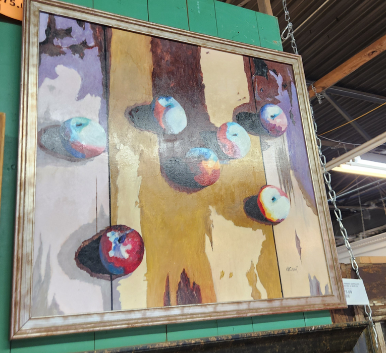 LARGE FRAMED SURREALIST OIL PAINTING OF APPLES