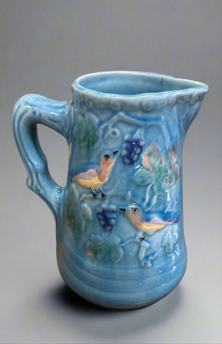 LIGHT BLUE BIRDS MAJOLICA PITCHER