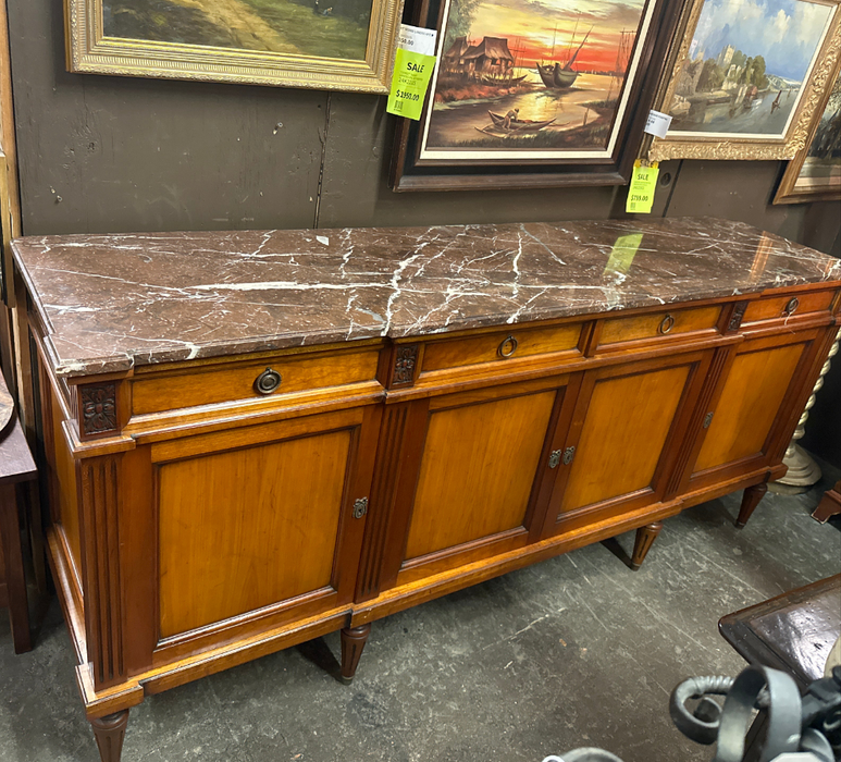 LOUSI XVI CHERRY BROWN MARBLE TOP 4 DOOR SIDEBOARD