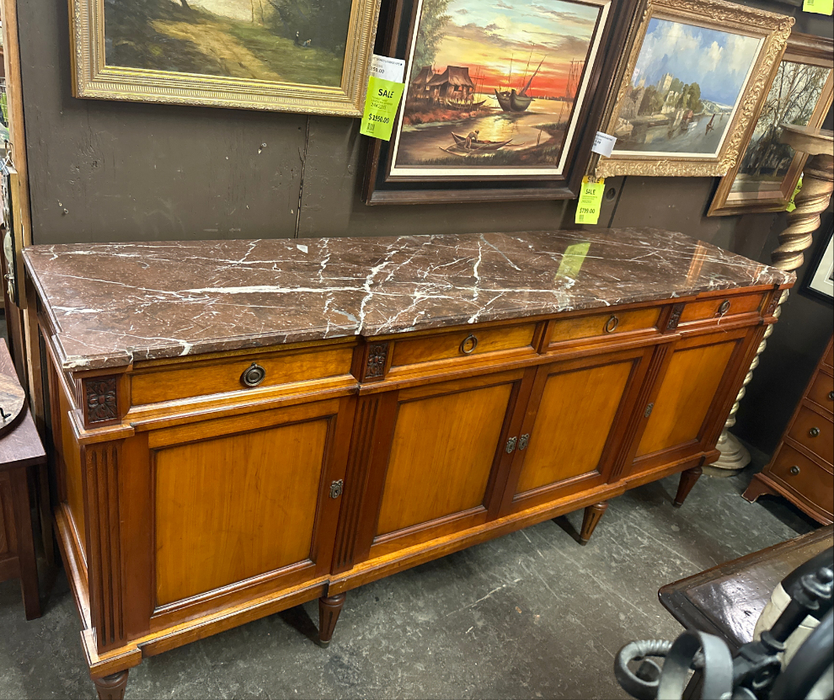 LOUSI XVI CHERRY BROWN MARBLE TOP 4 DOOR SIDEBOARD