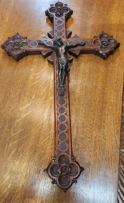 LARGE OAK CARVED CRUCIFIX WITH BRONZE