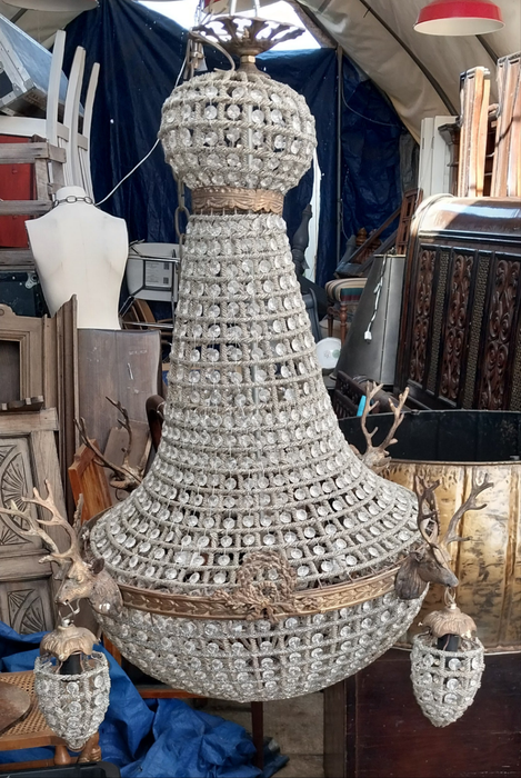LARGE  CRYSTAL CHANDELIER WITH STAG HEADS